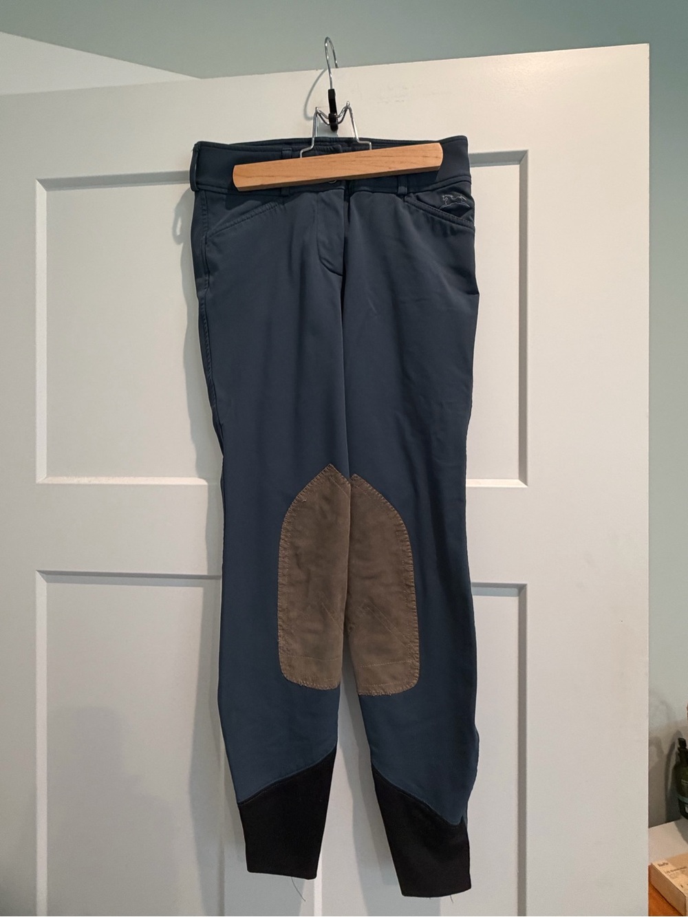 Women's Riding Breeches in Slate Blue with Brown Knee Patch